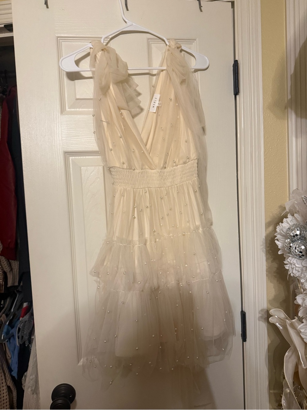 MARBLE Cream Pearl-Accent Tulle Dress